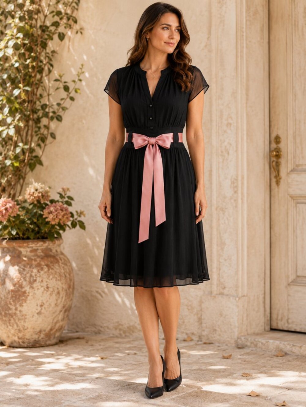 Kay Unger Silk Dress 14 Black Pink Ribbon Waist Cocktail Autumn Wedding Guest